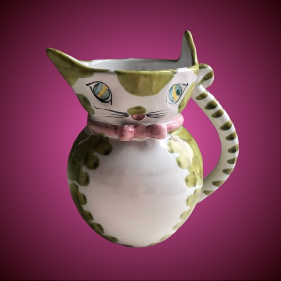Vintage Other - Adorable vintage Italy pottery cat jug green white midcentury cat lady cat dude
